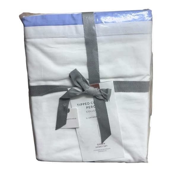 NWT Anthropologie Queen Tipped Contrast Percale Sheet Set Blue trim 100% Cotton - Picture 10 of 13